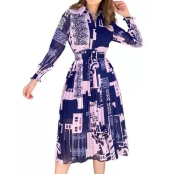 Han Queen Printed Long Sleeve Lined Pleated Dress |‎ medium - Picture 1 of 15